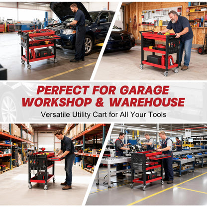 XCX 3 Tier Tool Cart on Wheels, Heavy Duty Metal Rolling with Drawers and Pegboards, 660 LBS Load Capacity Tool Storage Cart, Industrial Utility for Garage, Warehouse, Workshop