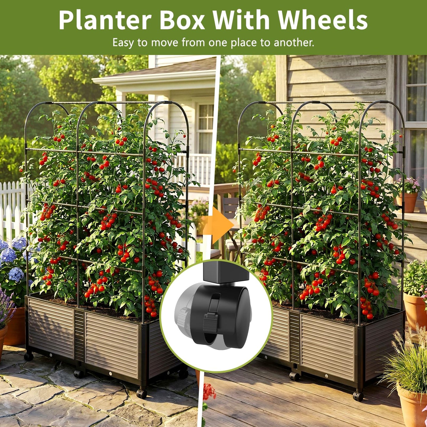 UrGROWA Raised Garden Bed Planter Box with Trellis, 72.8'' Tomato Planters for Climbing Plants Vegetable Vine Flowers Outdoor Patio Tomato Cage, Self Watering Planter with Wheels