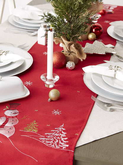 DII Embroidered Holiday Table Décor Collection Christmas Kitchen, Snowman Table Runner, 14x70, Red