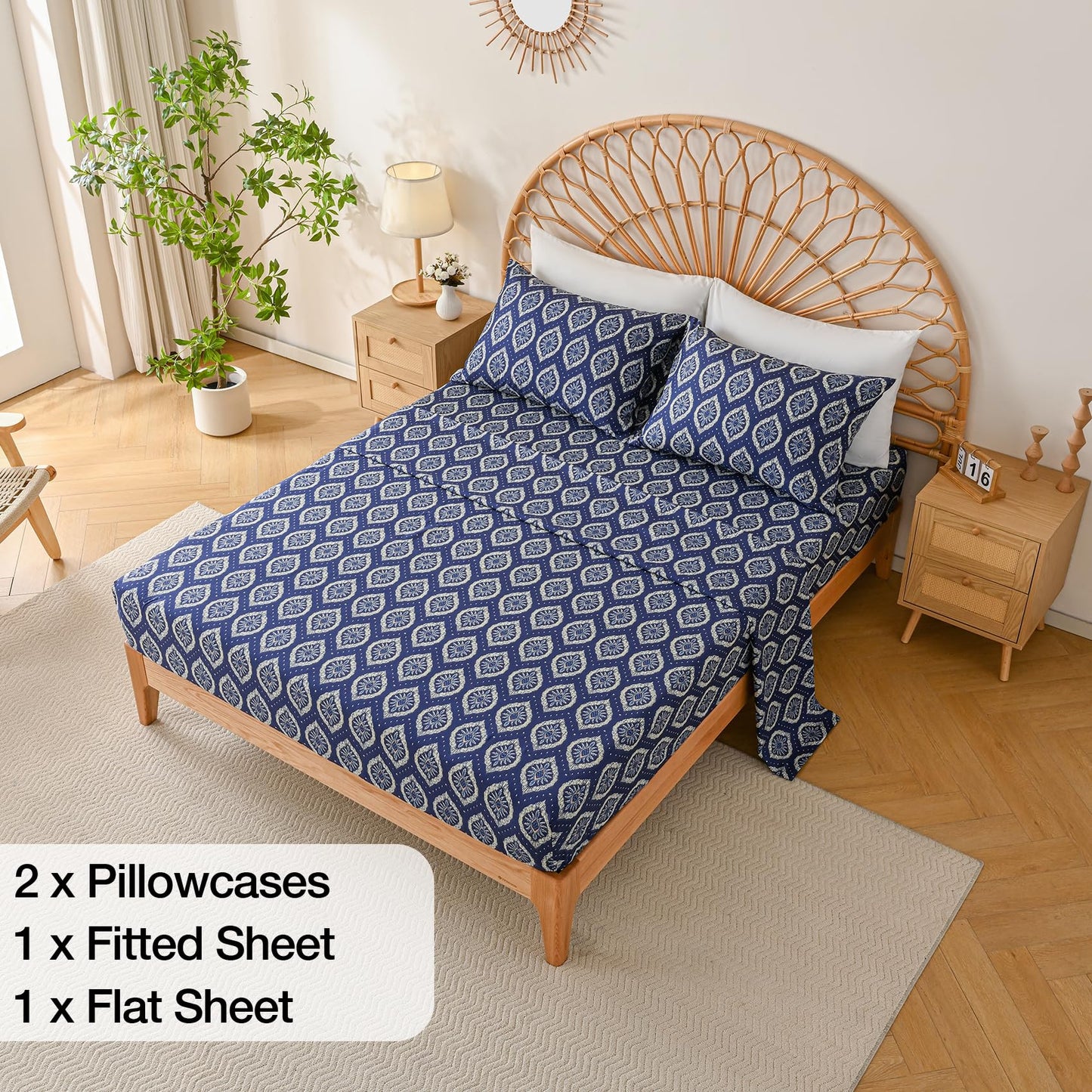 Yibeizi Navy Blue Patterned Queen Sheet Set Boho Printed Bed Sheets Microfiber Bedding Sheets & Pillowcases Soft 15" Extra Deep Pocket Fitted Bedsheet 4 Piece