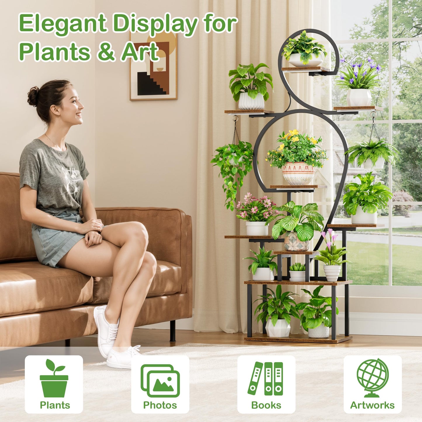 POZILAN Plant Stand Indoor with Grow Lights, 63'' Tall Indoor Plant Shelf, 9 Tiered Lighted Plant Stands for Living Room, Metal & Wood Corner Large Flower Holder for Alcony, Patio & Home, Black