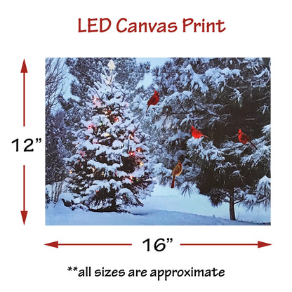 Lighted Christmas Tree & Cardinal Birds LED Canvas Print - Snowy Winter - Forest Pine Trees - Winter Scene Wall Art Measures 15.75" X 11.75"