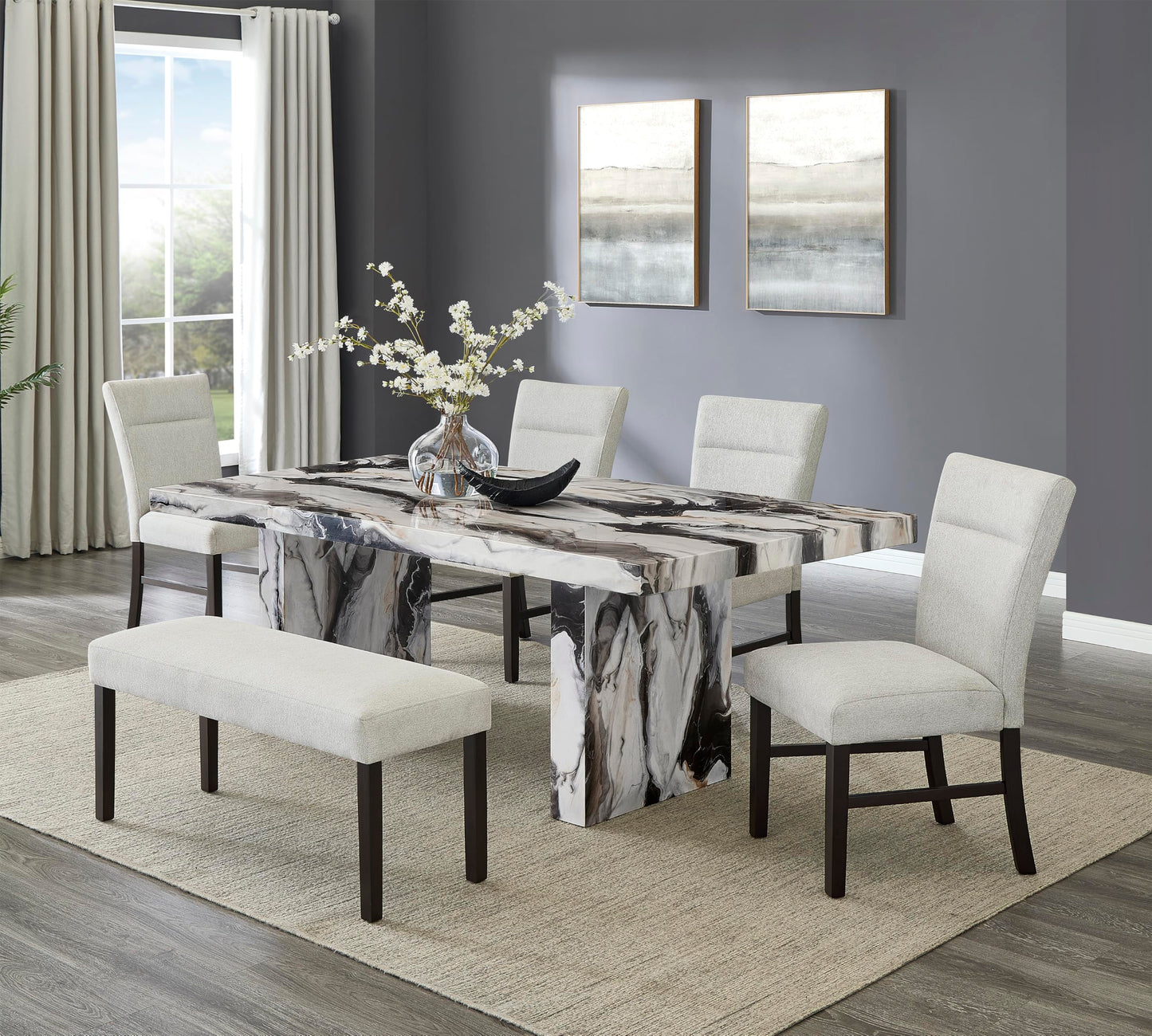 Roundhill Furniture Cavira Modern Faux Marble Dining Table with 4 Chairs and Bench