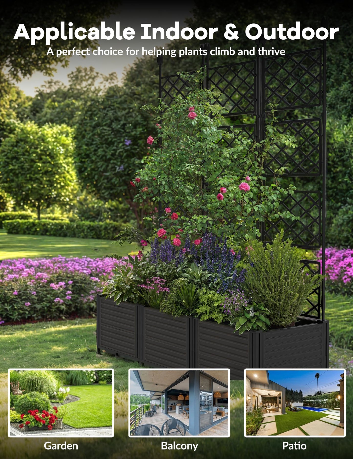 3 PCS Raised Garden Bed with Trellis & Privacy Screen, 50" w x 63" Tall Vertical Garden Planter Box for Climbing Plants - Sturdy Lightweight Outdoor Planter for Vegetables, Flowers on Patio, Balcony