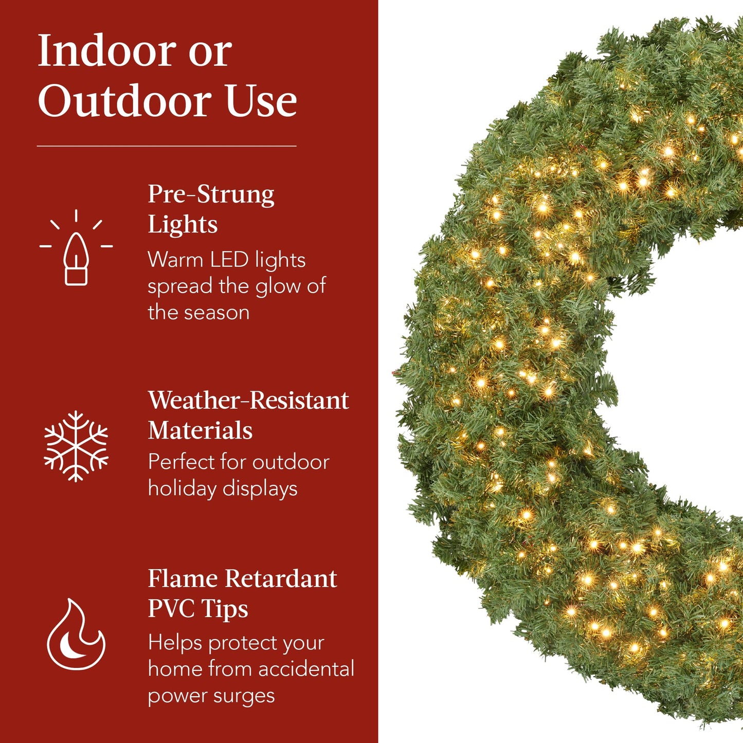 Best Choice Products 48in Large Artificial Pre-Lit Fir Christmas Wreath Holiday Accent Decoration for Door, Mantel w/Red Lighted Bow, 250 LED Lights, 714 PVC Tips, Power Plug-in