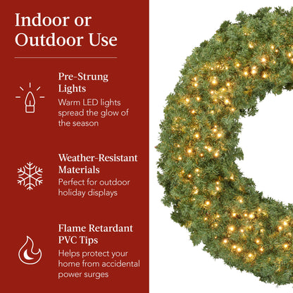Best Choice Products 48in Large Artificial Pre-Lit Fir Christmas Wreath Holiday Accent Decoration for Door, Mantel w/Red Lighted Bow, 250 LED Lights, 714 PVC Tips, Power Plug-in