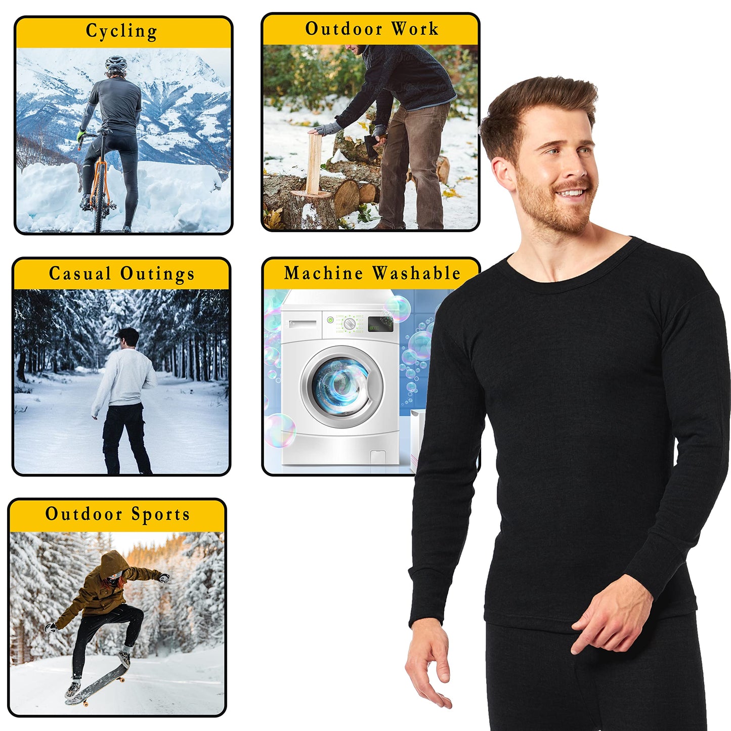 Heatwave® Pack of 2 Men's Thermal Long Sleeve Top, Warm Underwear Baselayer, S M L XL XXL Thermals, Large Black