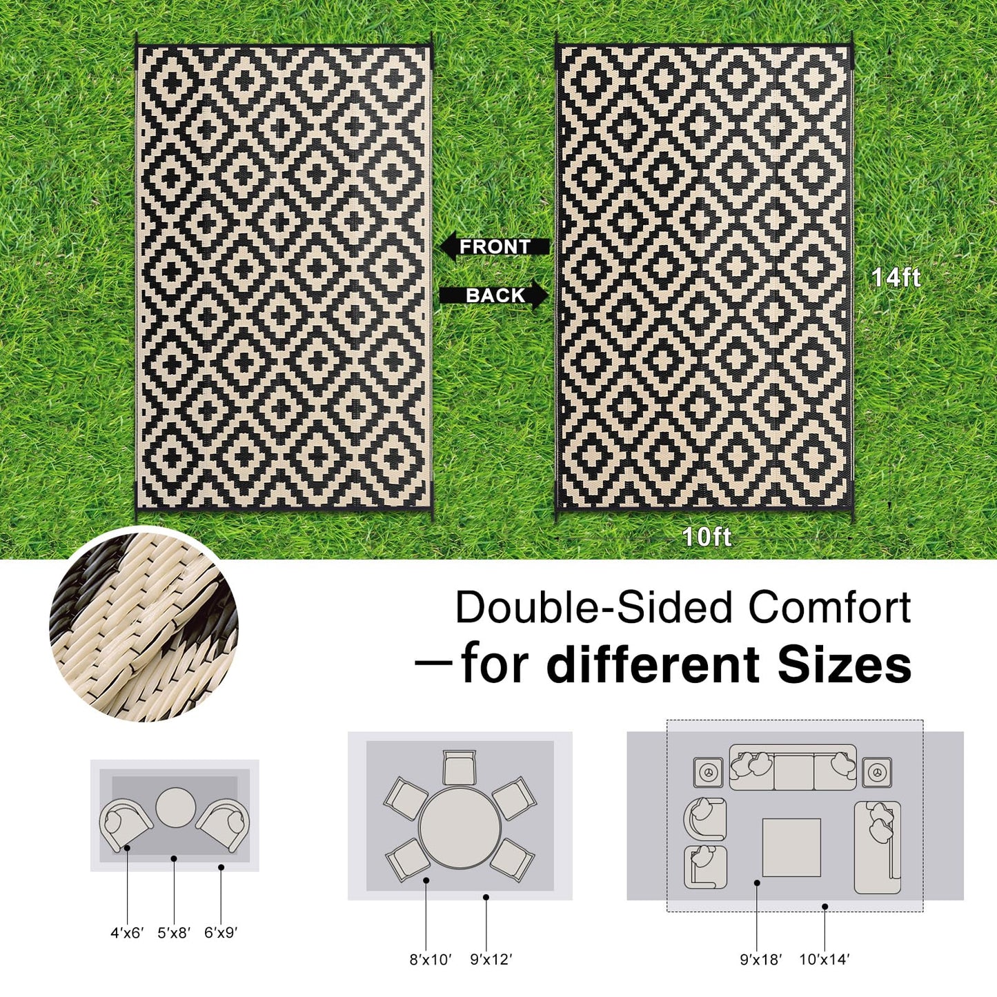 OLANLY Waterproof Outdoor Rug 10x14 ft, Outdoor Plastic Straw Rug for Camping, RV Mat Outside, Outdoor Carpet for Porch, Deck, Backyard, Balcony, Picnic, Black & Beige