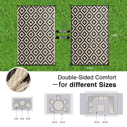 OLANLY Waterproof Outdoor Rug 10x14 ft, Outdoor Plastic Straw Rug for Camping, RV Mat Outside, Outdoor Carpet for Porch, Deck, Backyard, Balcony, Picnic, Black & Beige