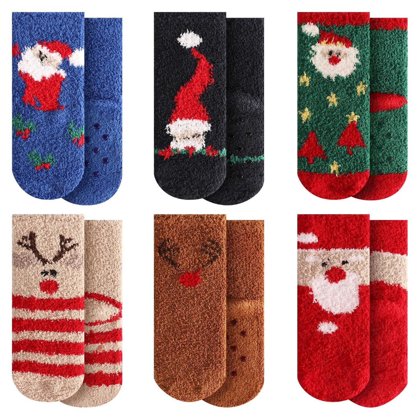 October Elf Christmas Fuzzy Socks for Kids Plush Cartoon Non Slip Fluffy Cozy Slipper Winter Warm Fleece Socks Pack of 6