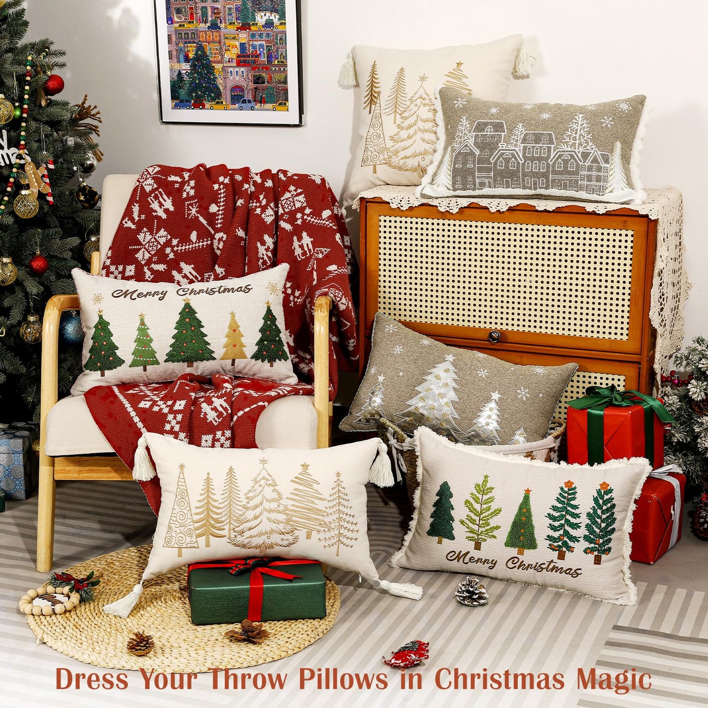 Lewondr Christmas Pillow Cover, 12x20 Inch 1PCS Soft Canvas Embroidery Trees Brown White Decorative Pillow Cover with Tassel Luxury Throw Pillow Case for Bed Home Decor Living Room, Beige