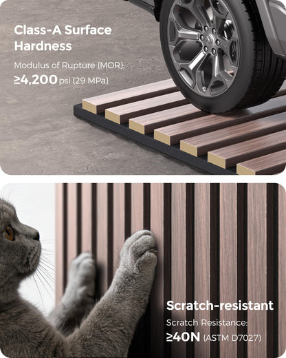 HIGRELIFE Wood Slat Acoustic Wall Panels, 3D Wall Panels with High Density Core for Echo Reduction, Easy DIY, for Living Room, Bedroom, Studio and More,Safe for Kids (Walnut,23.5"x23.5"-2PCS)