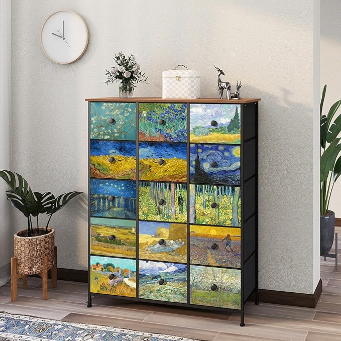 EXOTICA Large Chest of Drawers 15 Drawer Dresser Van Gogh Tall Fabric Dresser