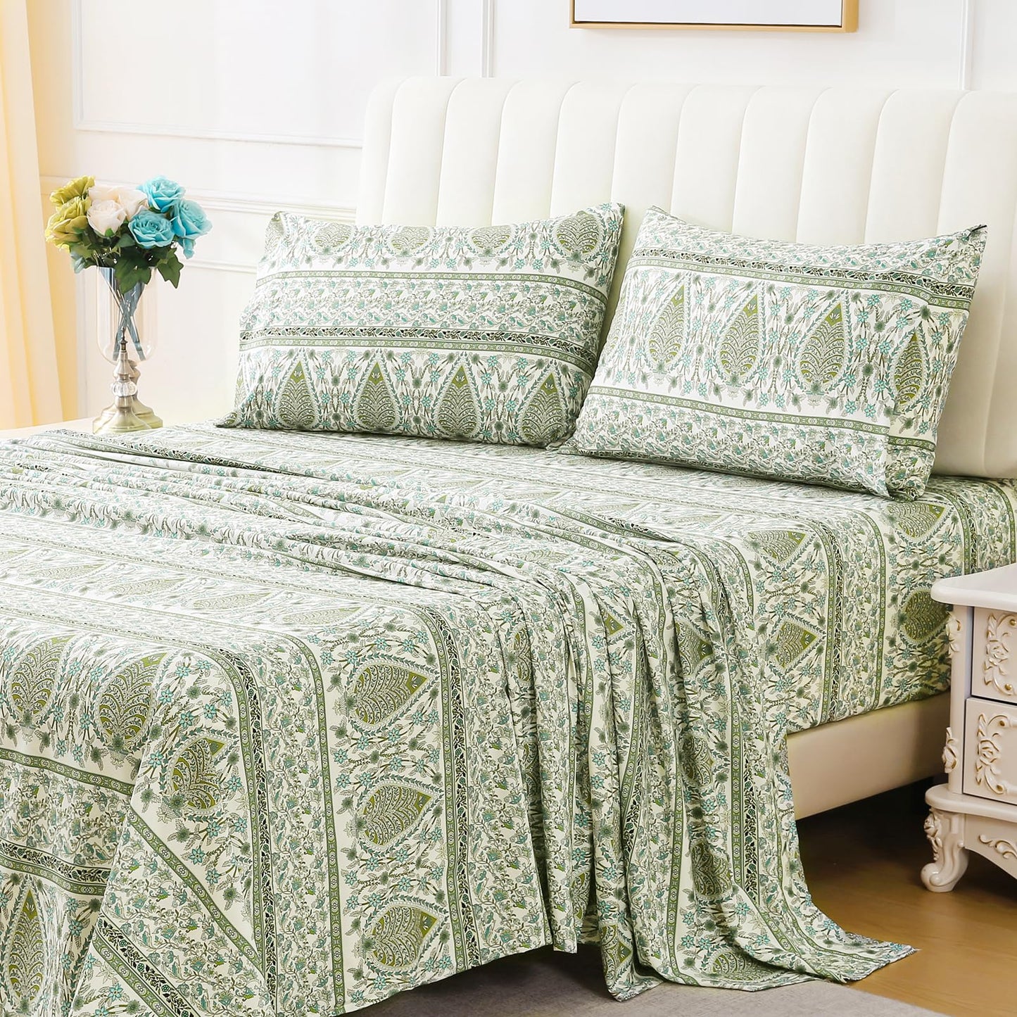 ChicView Queen Size Paisley Printed Sheet Set,4 Pieces Boho Style Breathable Soft Microfiber Bedsheets, Anti Pilling Deep Pockets Easy Care Bed Sheets, Green