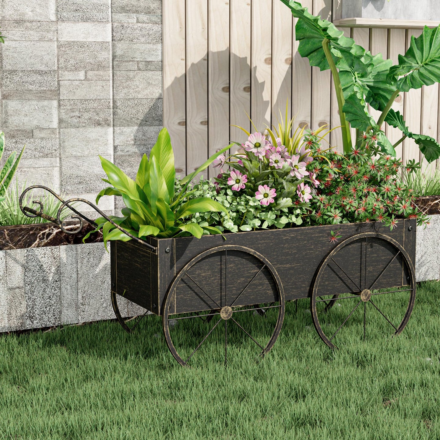 Athuiline Metal Raised Garden Bed with Wagon Wheels, Small Planter Raised Beds, Outdoor Planter Box for Flowers Herbs, Vegetables, Decorative Flower Cart for Patio, Balcony (Retro Gold)