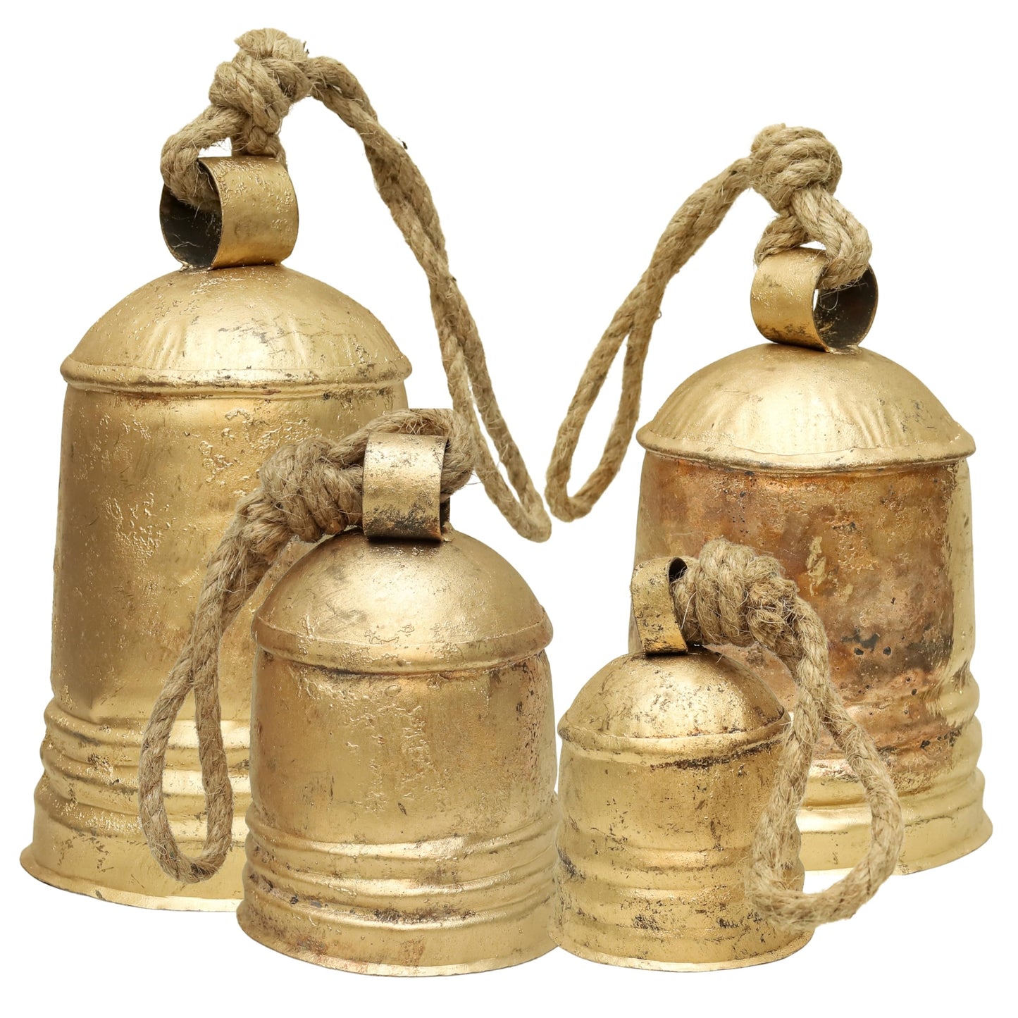 Set of 4 Rustic Metal Christmas Bells Large Hanging Brass-Gold Cowbells with Jute Rope | Farmhouse Wall, Porch & Holiday Decor