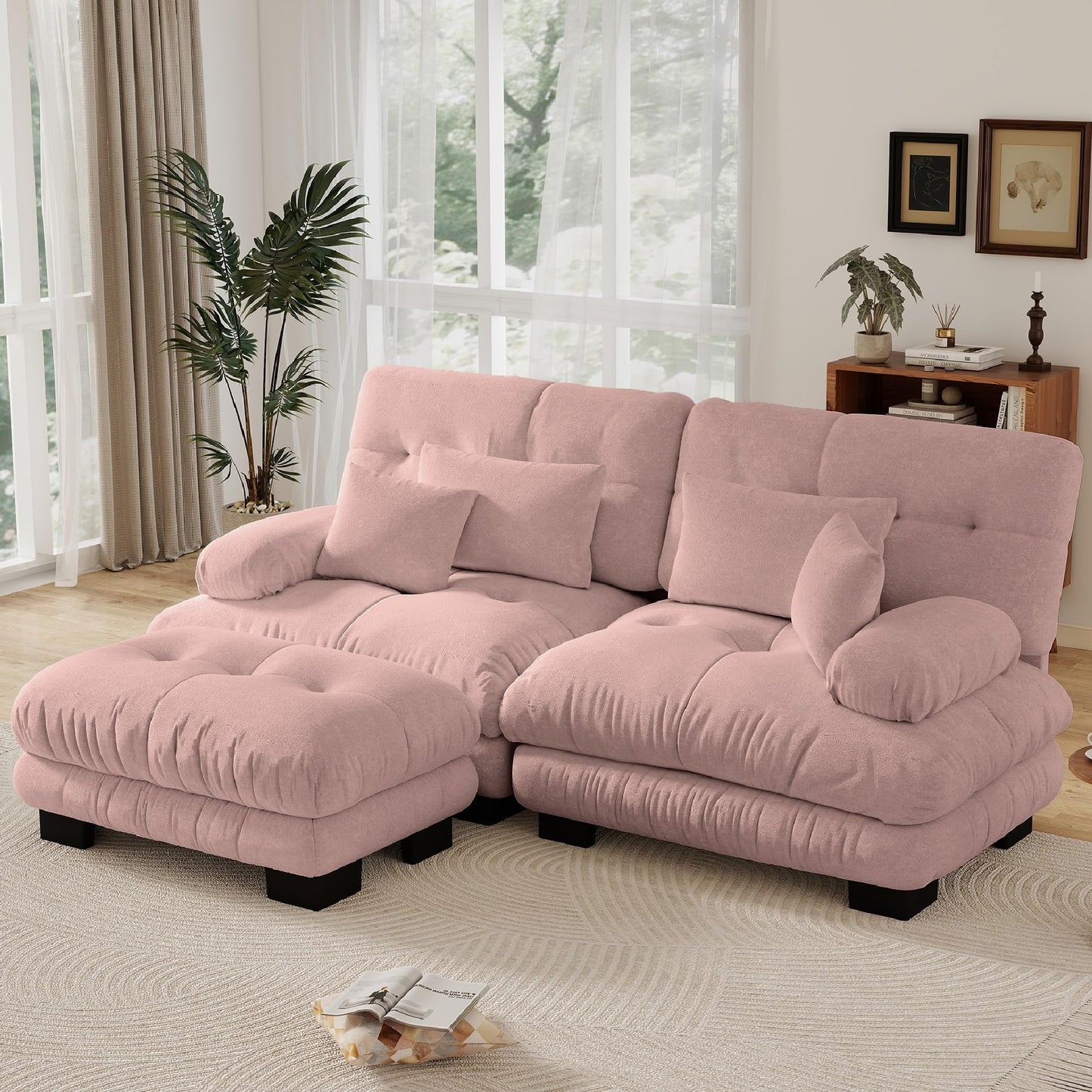 KEIKI 94 Inch Cloud Couch Sectional Sofa, Convertible L-Shaped Sleeper Sofa Set with Movable Ottoman, 3-Seater Chenille Upholstered Sofabed for Living Room Lounge, Deep Seating, Easy Assembly, Pink