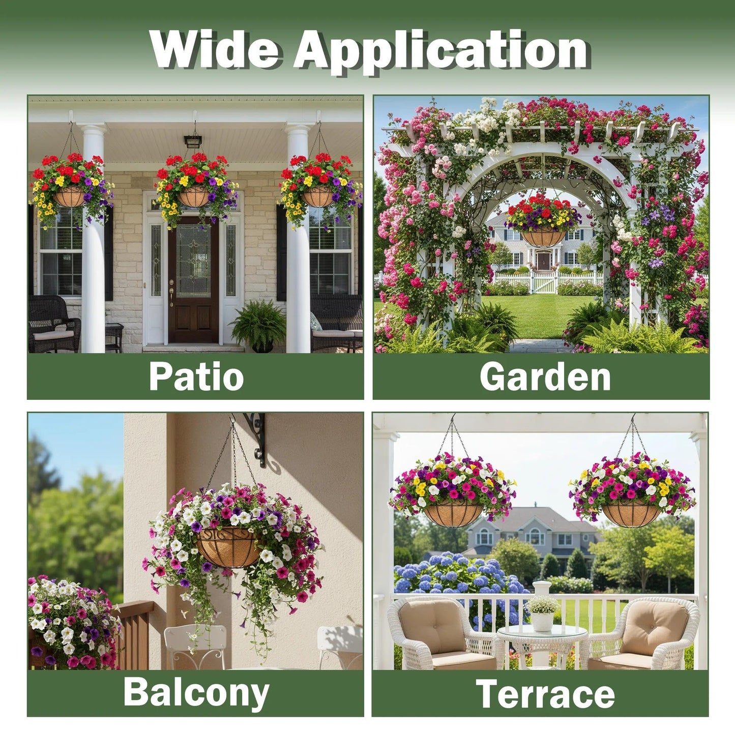 KIDYBELL 4 Pack 14 Inch Hanging Baskets for Plants Outdoor Metal Hanging Planter Basket with Coco Coir Liner Hanging Flower Pots Holder for Garden, Patio(Flower)