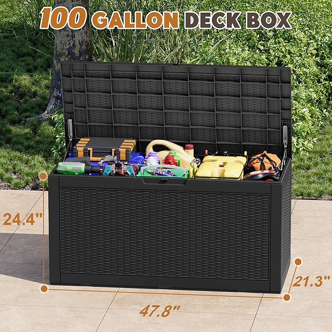 Outdoor Storage Box, Resin Deck Boxes Indoor and outdoor, Waterproof Storage Box Lockable Lid (Black,100 Gallon)