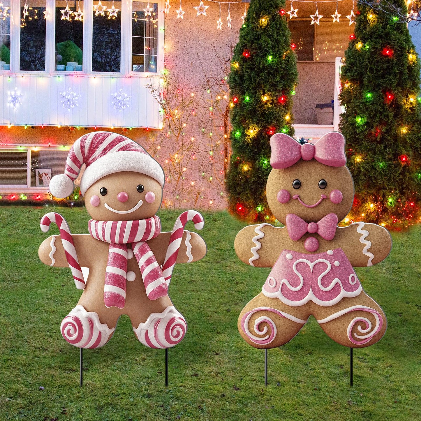 Memorywuu 2 Pack Christmas in July Yard Stakes Metal Stakes 3D Boy and Girl Yard Sign Christmas Outdoor Decorations for Outside Holiday Xmas Winter Ornament Lawn(Pink Gingerbread Man Couple)