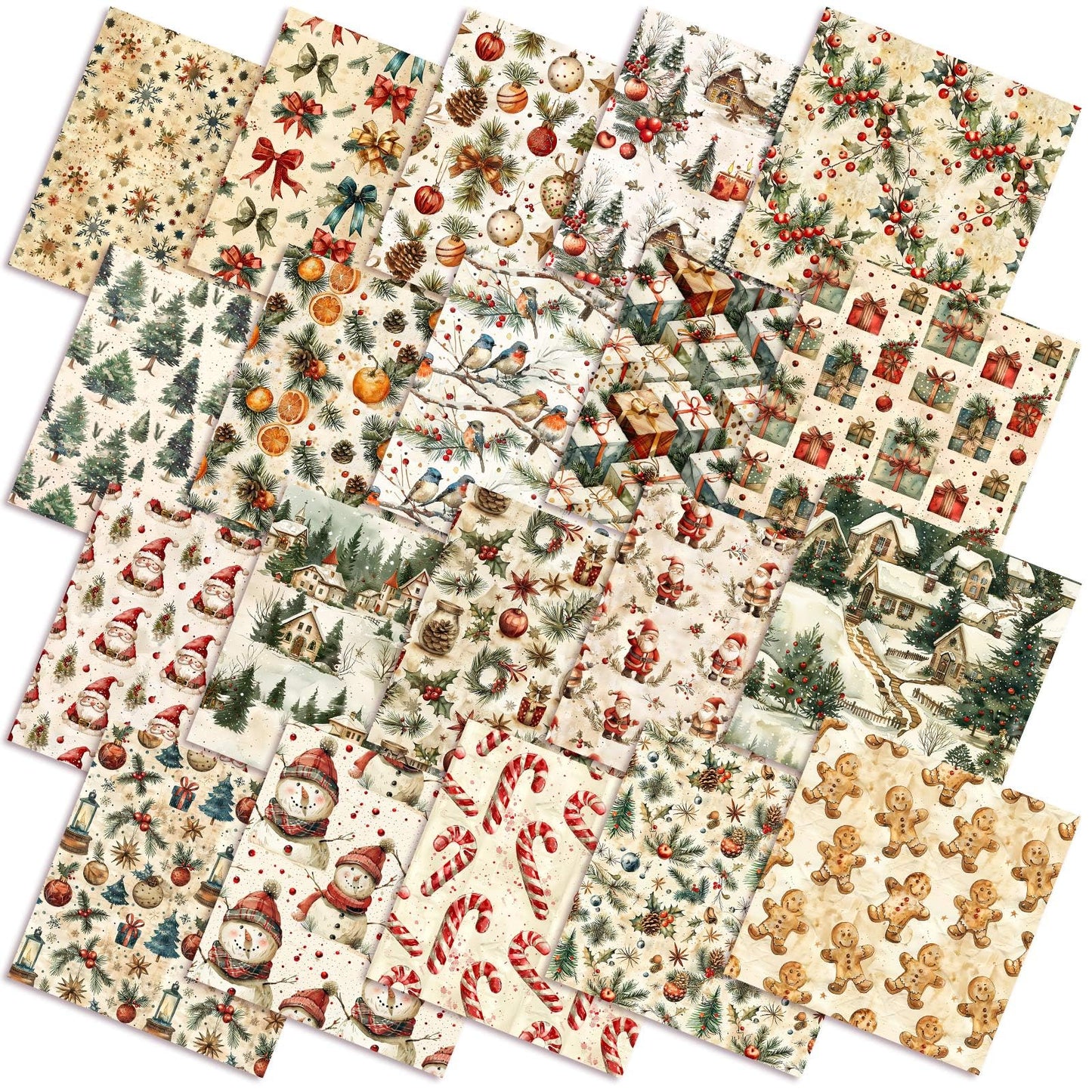FuWeave 60 Pcs 10 x 10 Inch Vintage Christmas Quilting Fabric Christmas Fat Squares Patchwork Precut Gingerbread Man Santa Snowman Fabric Bundles for Xmas Winter Quilting Crafting DIY Craft Sewing