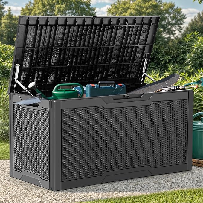 YITAHOME 100 Gallon Resin Deck Box, Weather Resistant Outdoor Storage Box, Lockable Indoor Outdoor Storage for Supplies and Essentials, Black