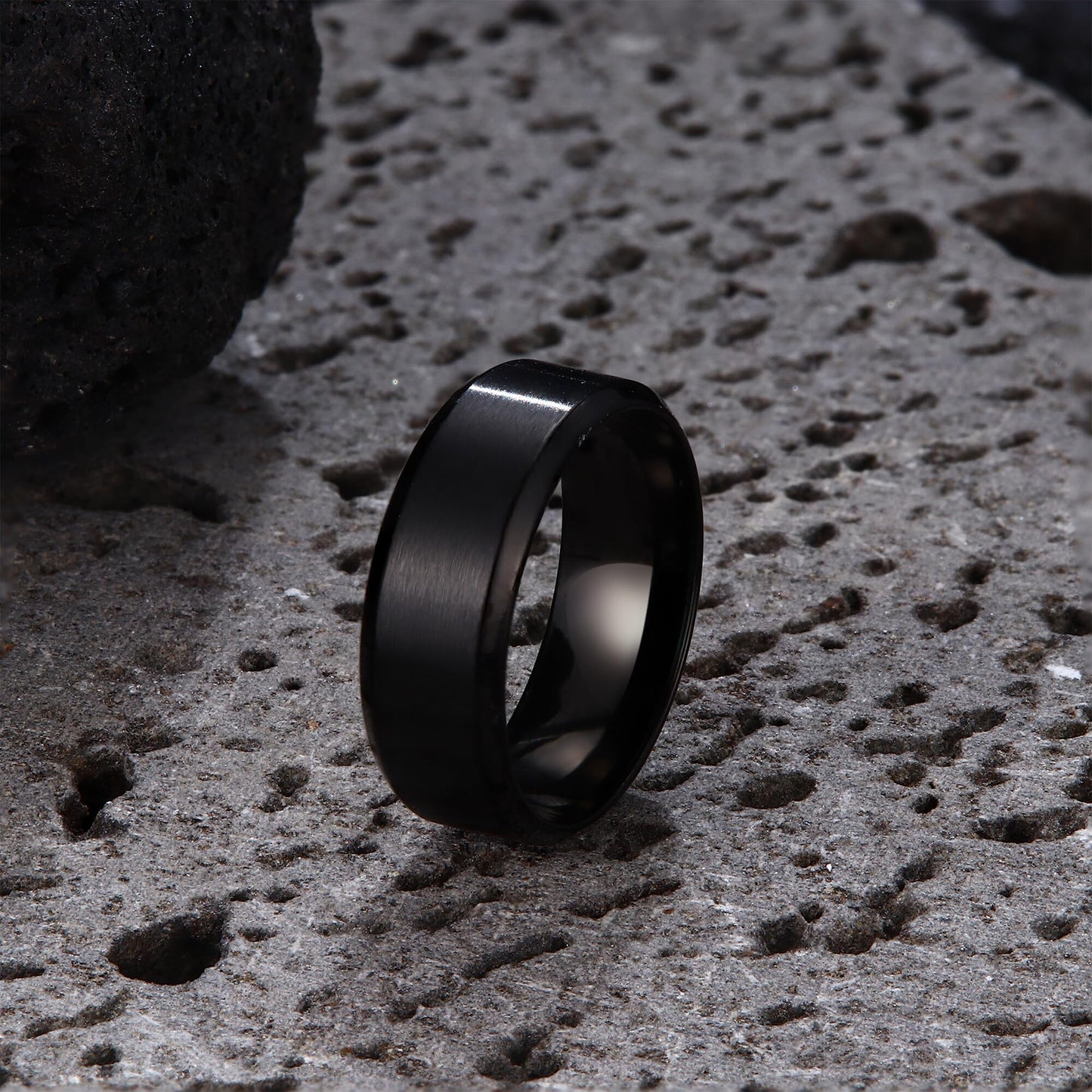 Jstyle Stainless Steel Rings for Men Women 8MM Wedding Band Rings Matte Surface - Beveled Polished Edge Mens Ring Size 7 Black Ring for Men