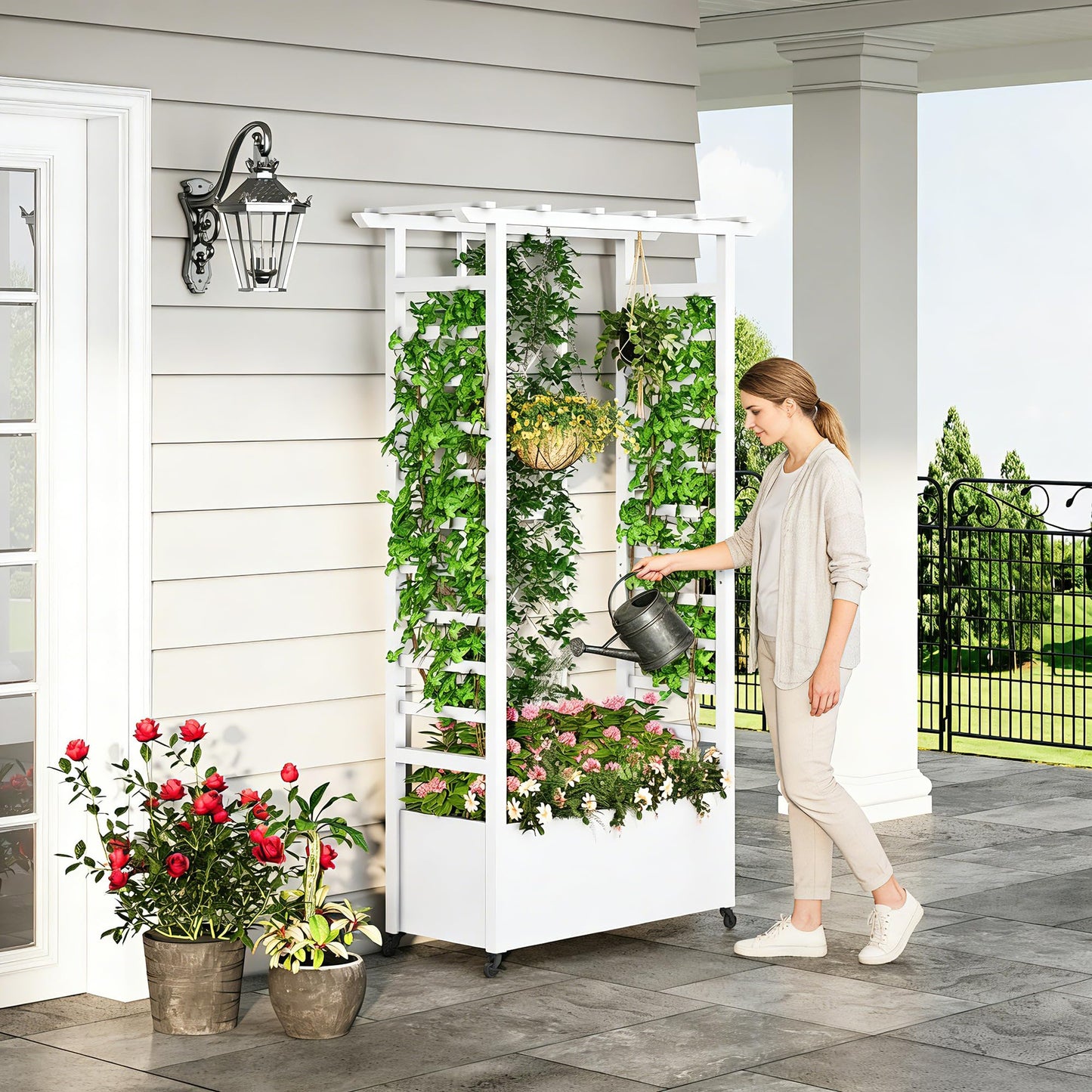 Sunnibety Raised Garden Bed with Trellis & Hanging Roof, Weatherproof Metal Planter Box with Wheels, Garden Arch Trellis for Outdoor Climbing Plants Vines Flowers, 74" H x 44" L x 17" W, White