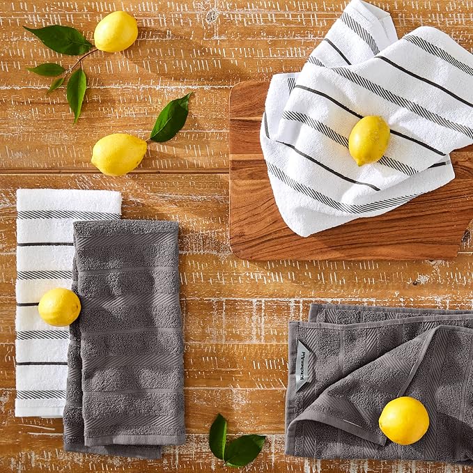 KitchenAid Albany Kitchen Towel 4-Pack Set, Charcoal Grey/White