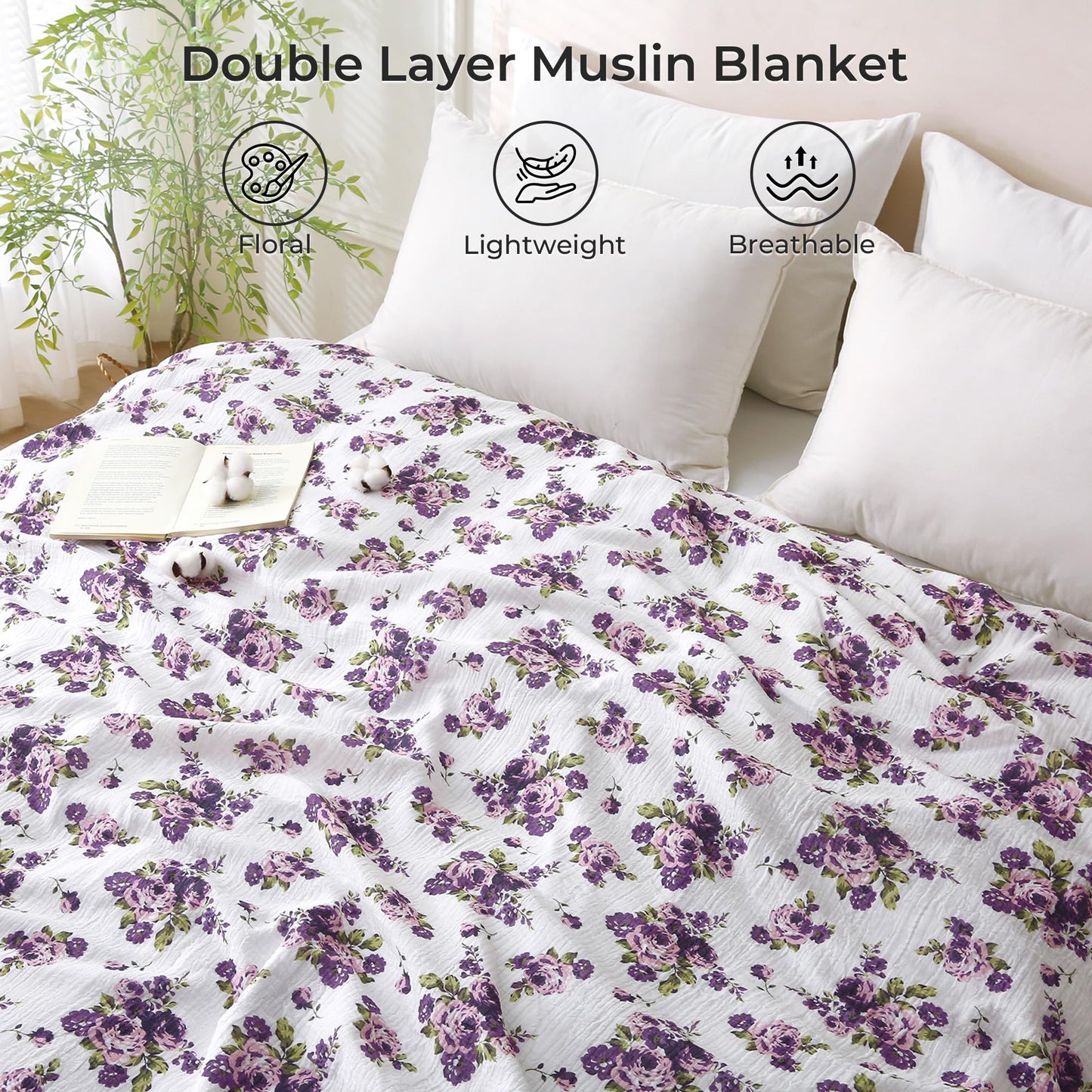 Muslin Blankets for Adults Reversible Throw Fleece & Gauze, Soft Cozy Lightweight Breathable Floral Blanket for Bed Couch, Double Layer Muslin Purple Rose Throw Cover 50"x70"