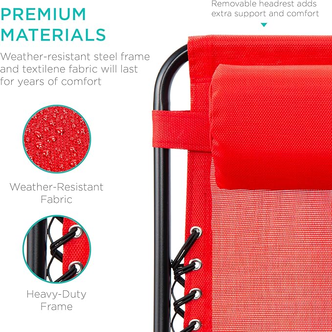 Best Choice Products Set of 2 Adjustable Steel Mesh Zero Gravity Lounge Chair Recliners w/Pillows and Cup Holder Trays - Crimson Red
