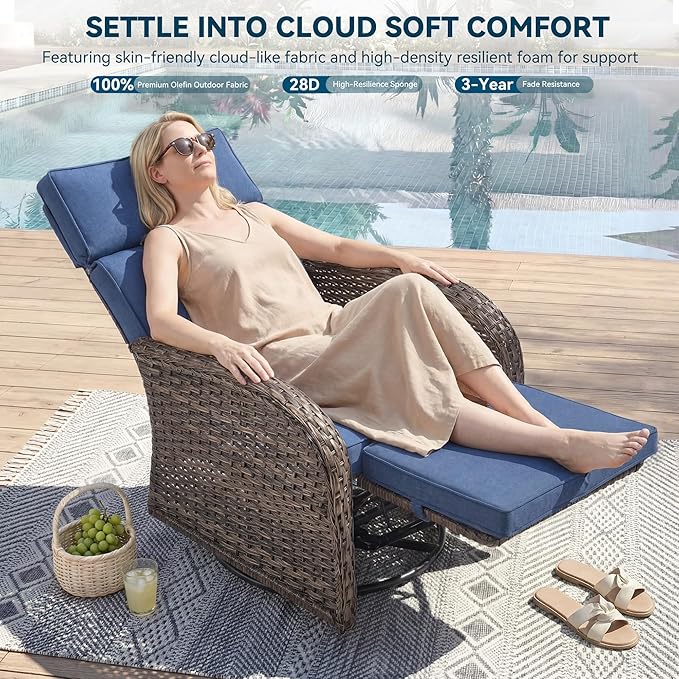 3 Pieces Zero Gravity Patio Swivel Rocking Recliner Chairs Set of 2 - Wicker Outdoor Lounge Chair with Side Table, Adjustable Backrest & Footrest, High Back Outdoor Recliner Chair for Pool Deck Blue
