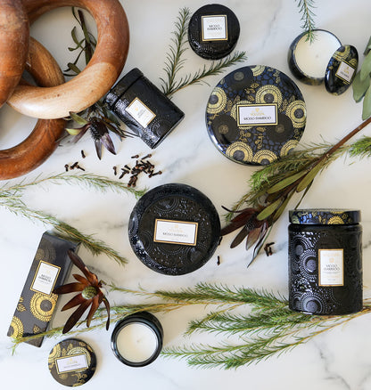 Voluspa Moso Bamboo, 3 Wick Tin Candle, 12 oz, 40 Hour Burn Time, Coconut Wax for Clean Burning, Handcrafted in the USA