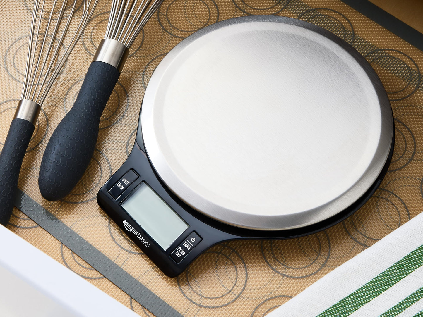 Amazon Basics Digital Kitchen Scale with LCD Display, Batteries Included, Weighs up to 4.9 kgs, Black and Stainless Steel