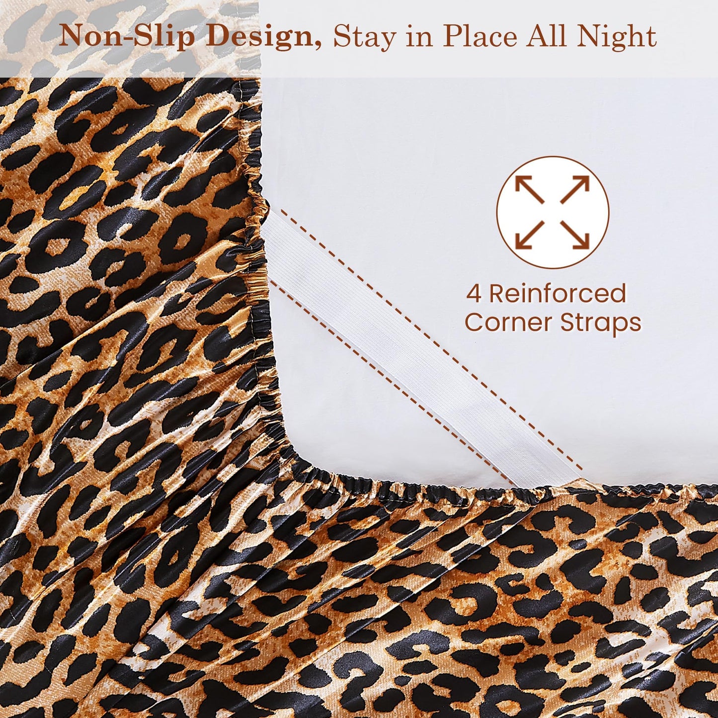 lasoftan Leopard Print Satin Sheets King, Silky Animal Printed Fitted Bed Sheet with 15" Deep Pocket & Non-Slip Straps, Luxury Hotel Satin Summer Cooling Sheets & Pillowcase Set, Yellow