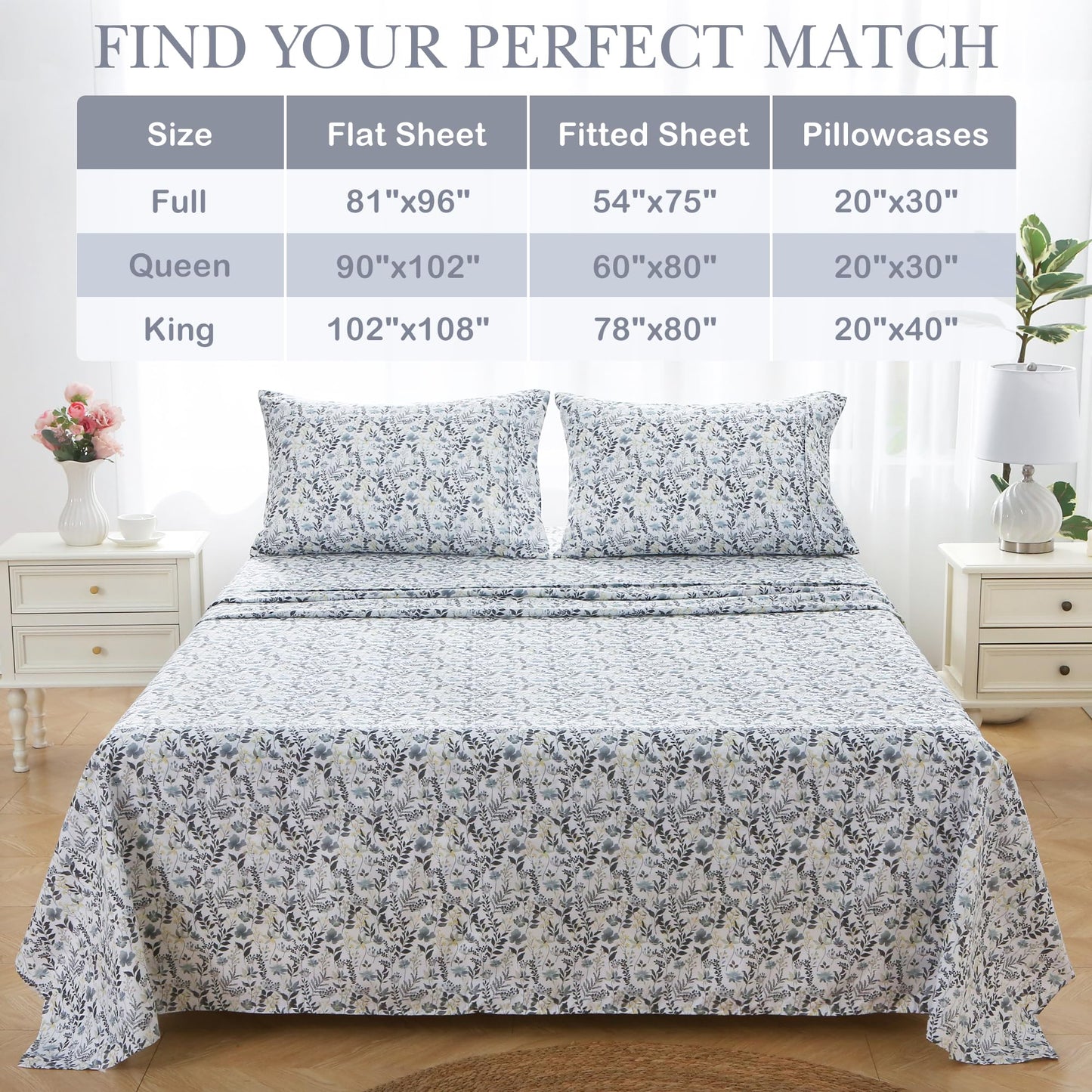 Mooreeke Cozy Vintage Microfiber Printed King Sheet Set - Soft Breathable Percale Cotton Floral Bed Sheets with Deep Pocket - Non-Slip Fitted Design - Yellow Blue Gray Gradient Flowers Pattern
