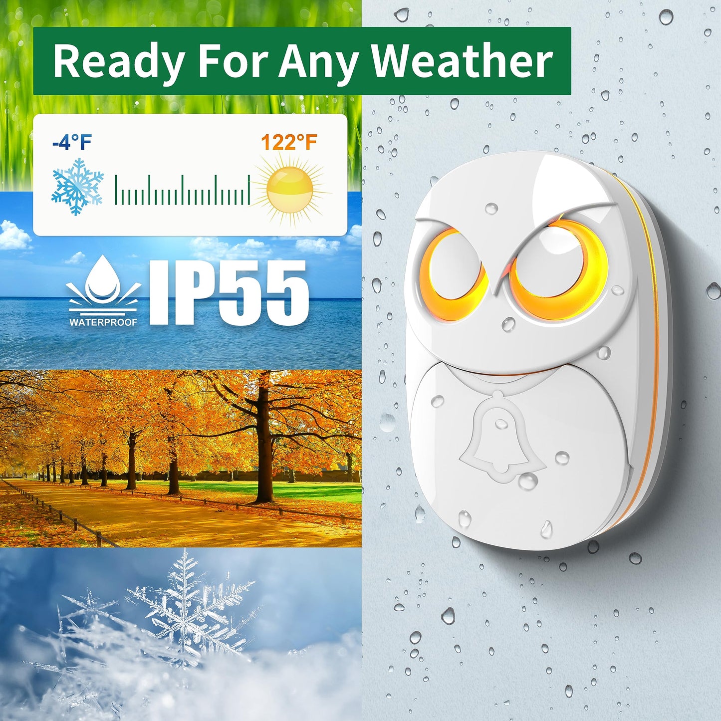 Wireless Doorbell, Cute Owl Doorbell Weatherproof IP55 Outdoor Remote Push Button- 1000 Feet Long Wireless Range, 1 Receiver + 1 Transmitter, Black