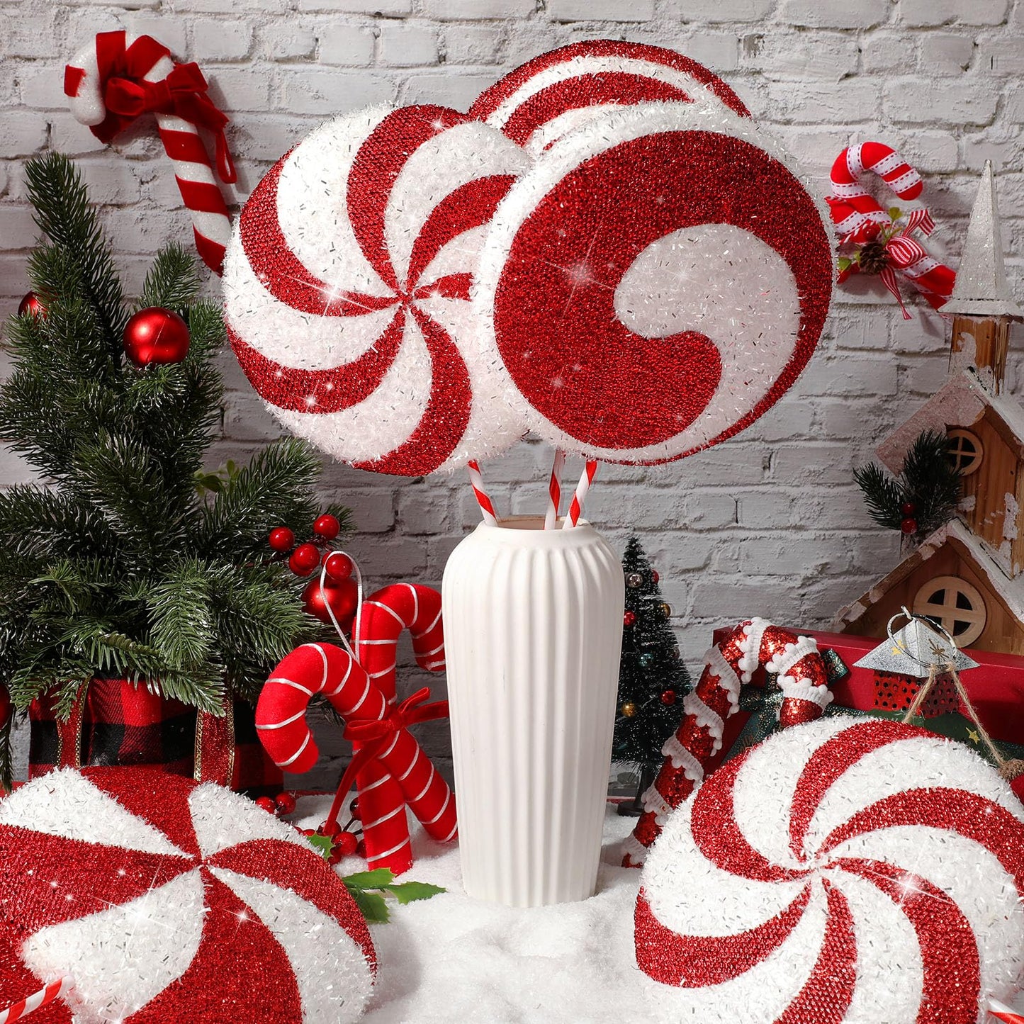 Vercraft 12 Pcs 15.75'' Large Candy Cane Christmas Decorations Giant Lollipop Candy Xmas Decorations with Sticks Red and White Peppermint Decor for Christmas Tree Ornaments Party, 12 Styles