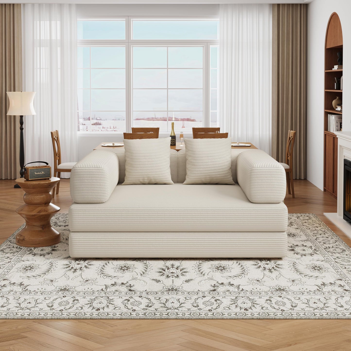 4 in 1 Convertible Sofas Boneless Couches with 2 Pillow, Modern Corduroy Futon Bed, Modular Queen Sofa with Pull-Out Bed, LoveSeat for Living Room, Small Space Apartment (Beige, 53.15"Double Sofa)