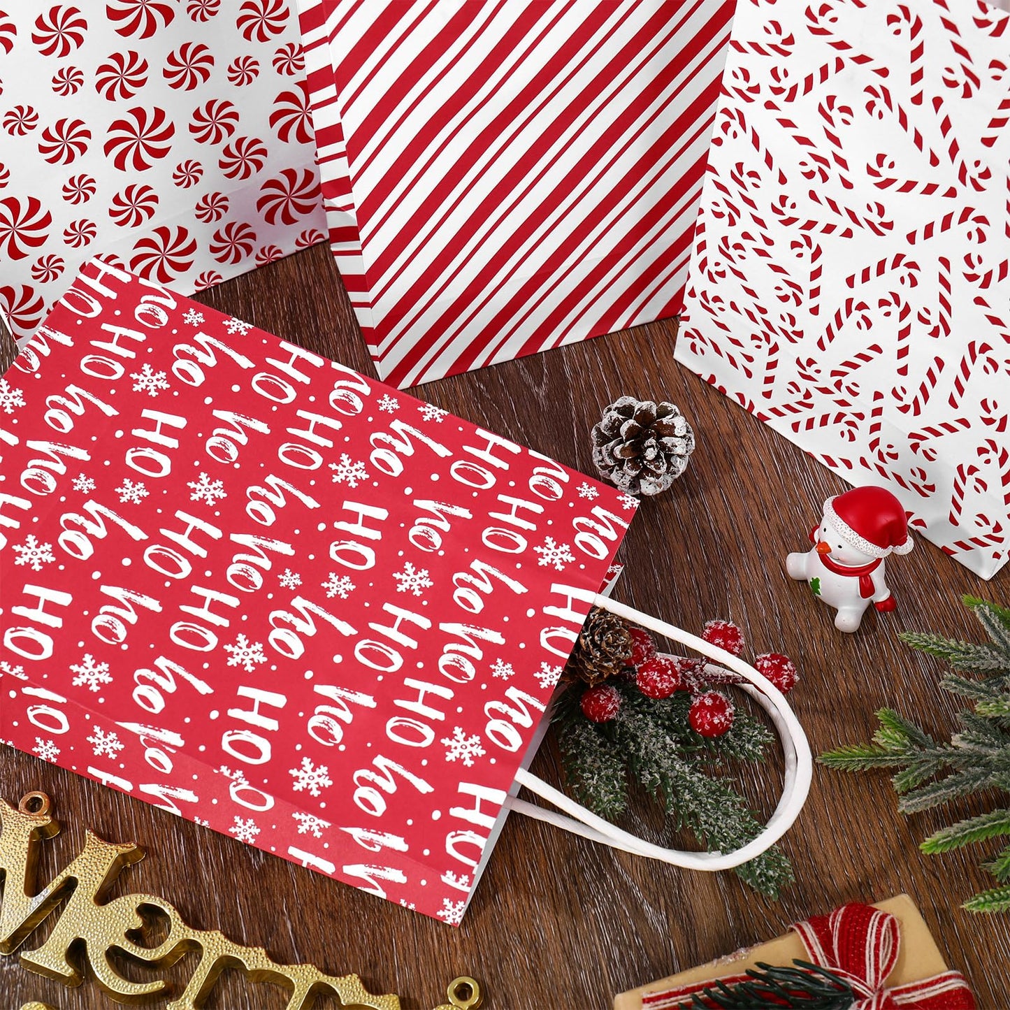 JarThenaAMCS 24 Pcs Christmas Paper Gift Bag Red Candy Cane Stripe Treat Bags with Handles Tissue Paper Candy Goodie Bags for Xmas Winter Party Favors Supplies