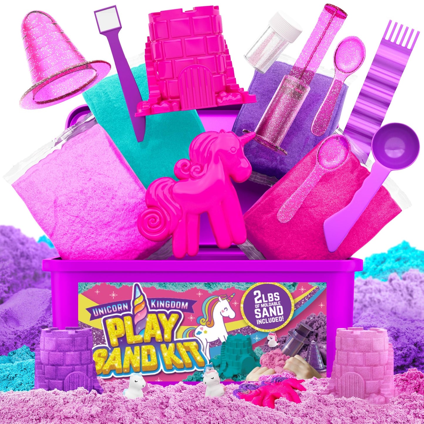 GirlZone Unicorn Kingdom Sand Kit, Craft Set with Squishy Sand, 7 Sand Toy Tools, & More in a Carry Case, Fun Toy for Playdates and Great Gift Idea