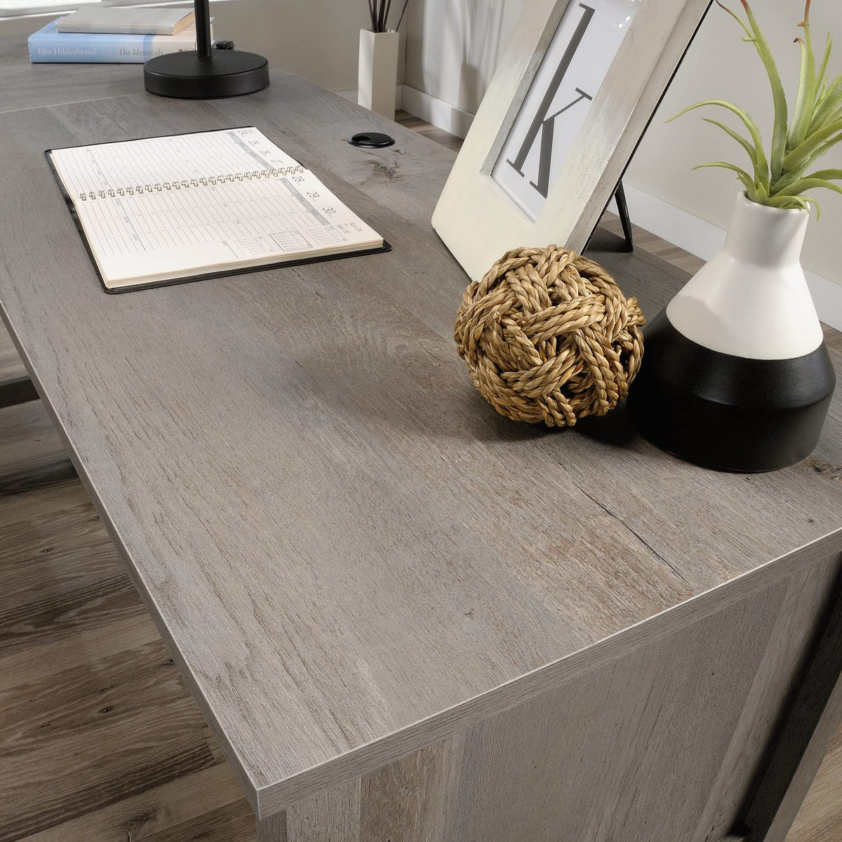 Sauder Cottage Road L Shaped Desk Computer Desk with Drawers, Home Office Desk with Optional File Cabinet Storage, Cable Management, in Mystic Oak Finish