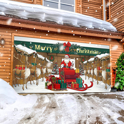 Tingjoo 7 x 16 ft Christmas Garage Door Cover Banner Christmas Garage Door Decorations African American Large Holiday Decorations Banner for Xmas Winter party (Reindeer Barn)