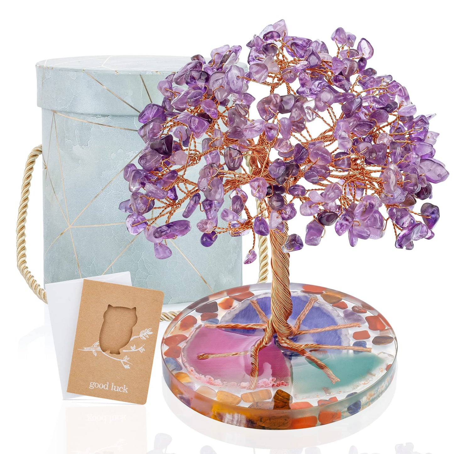 ZenBless 7 Chakra Healing Crystal Stones Tree, Amethyst Leaf Wire Wrapped on Natural Agate Slice Base, Home Decor Desk Room Feng Shui Wealth Luck Spritual Gifts for Valentine's Day Birthday Women