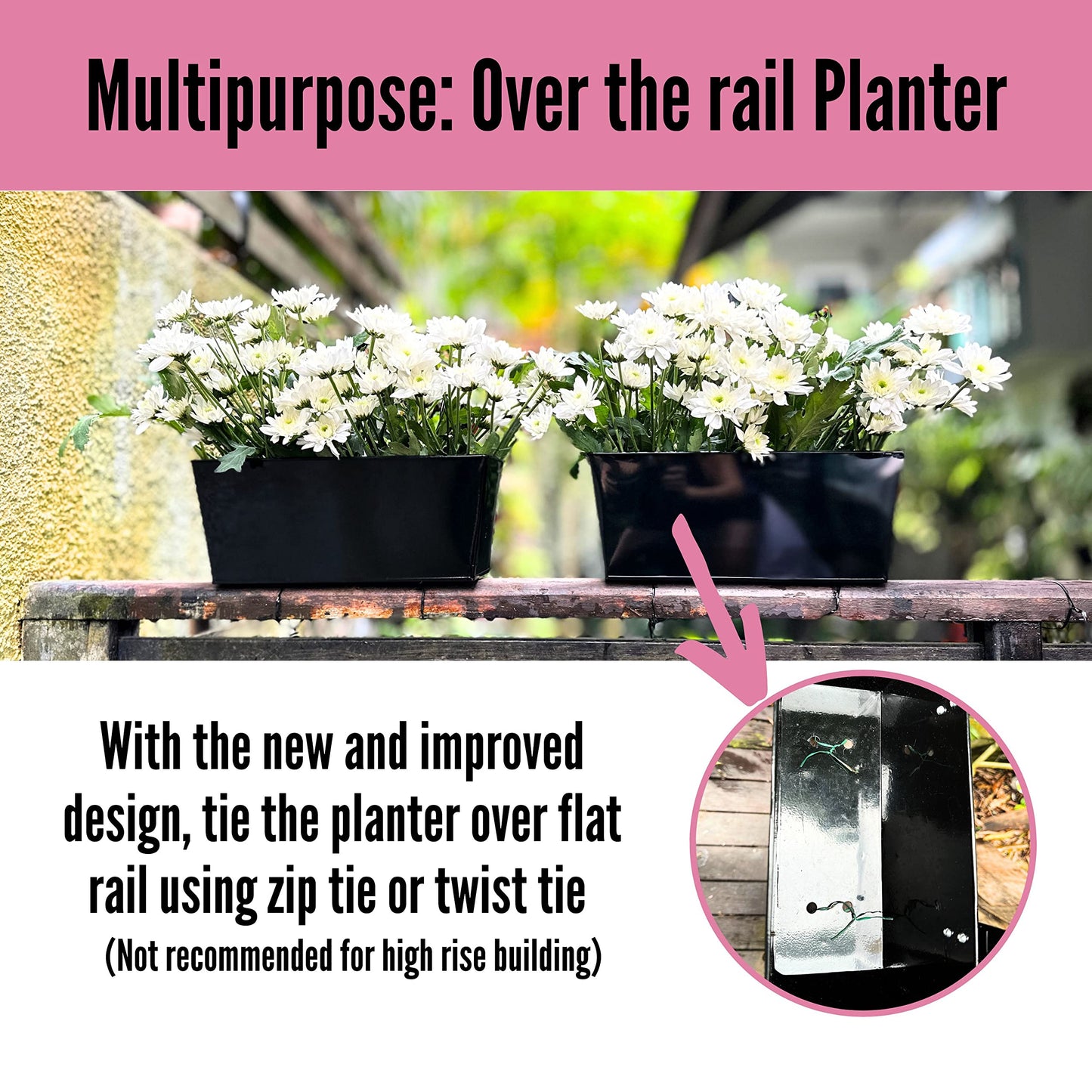 LaLaGreen Rail Planters (16 Inch, 2 Pack) Black Metal Rectangle Plants Boxes Hanging Flower Pots Patio Decor Apartment Balcony Outdoor Planter Deck Railing Fence Rail Decorations Garden Baskets Pot