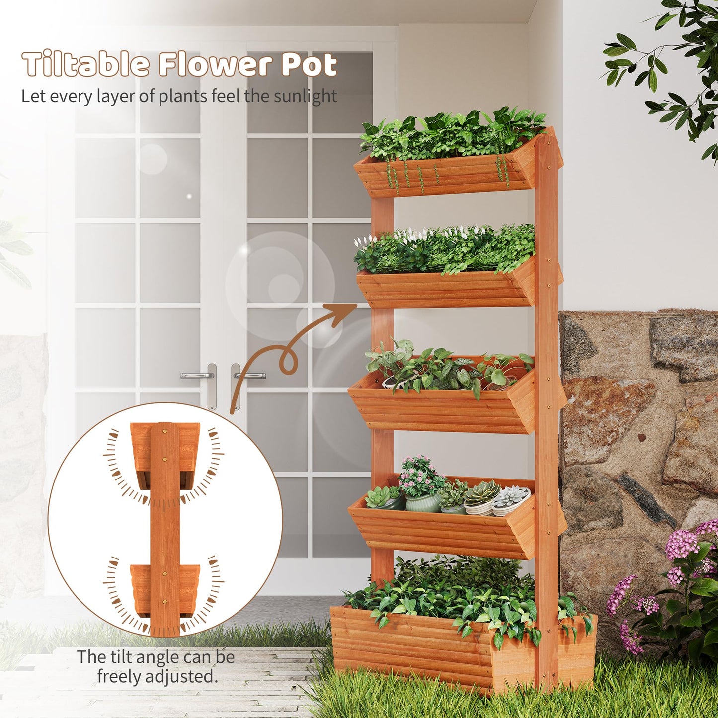 FILWH Wooden Raised Garden Bed Vertical Planter Box, Freestanding Plant Stand for Indoor Outdoor Plants, Herbs, Flowers, Vegetables, Gardening (Reddish Brown, 5-Tier，29.9 x 17.9 x 68in)