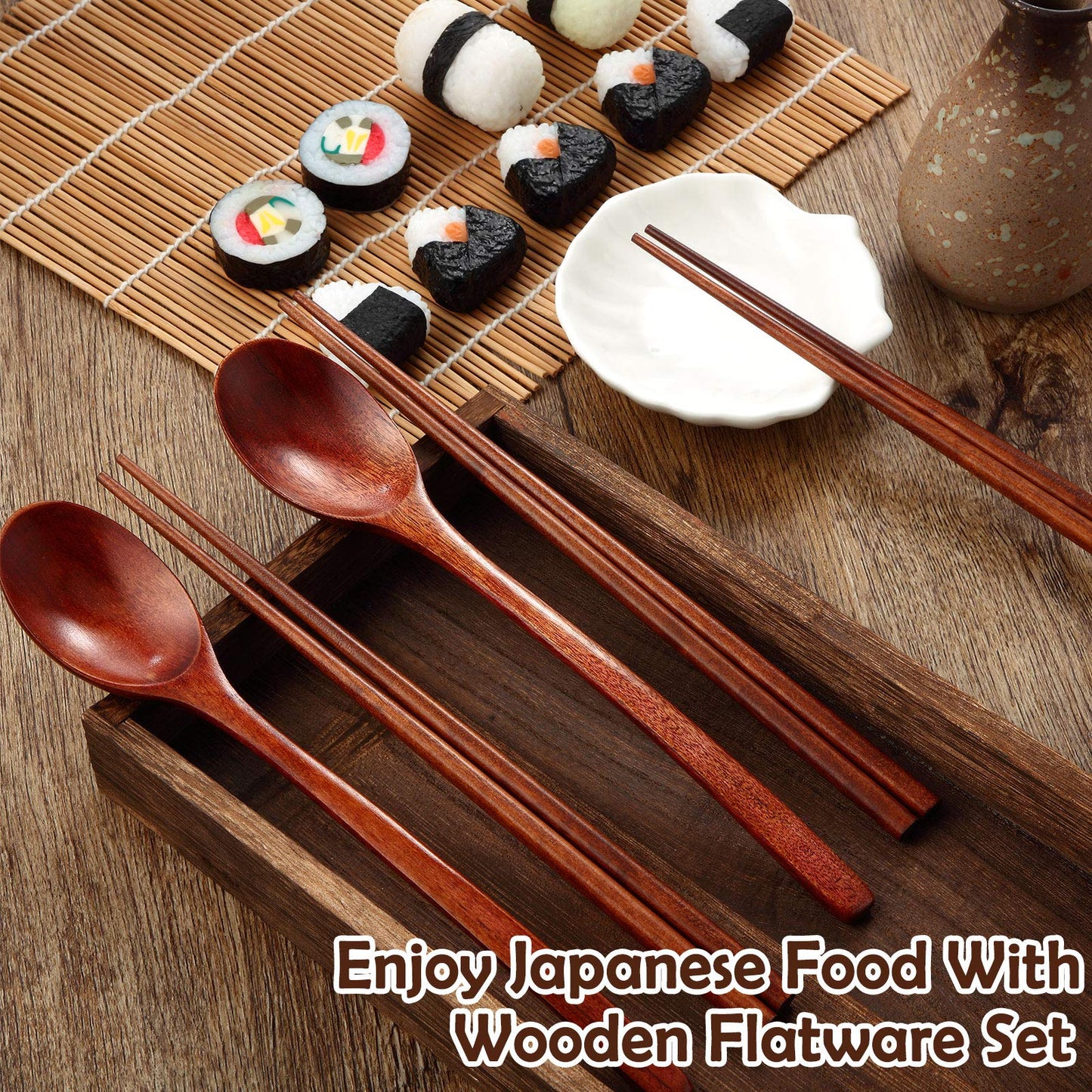 Wooden Spoon and Chopsticks Set Long Handle Spoon Chopstick Flatware Reusable Tableware Combination Utensils for Eating Food, 9.3 Inch (8)