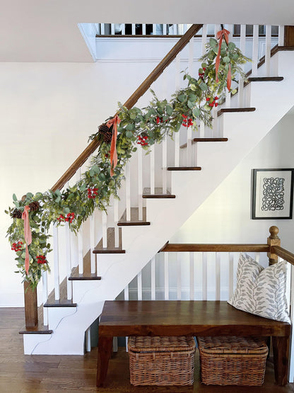JoyHome 6ft Pine Christmas Garland, Artificail Red Berry Garland Christmas with Eucalyptus Leaves Cypress Garland for Home Decoration Holiday Mantel Table Decor
