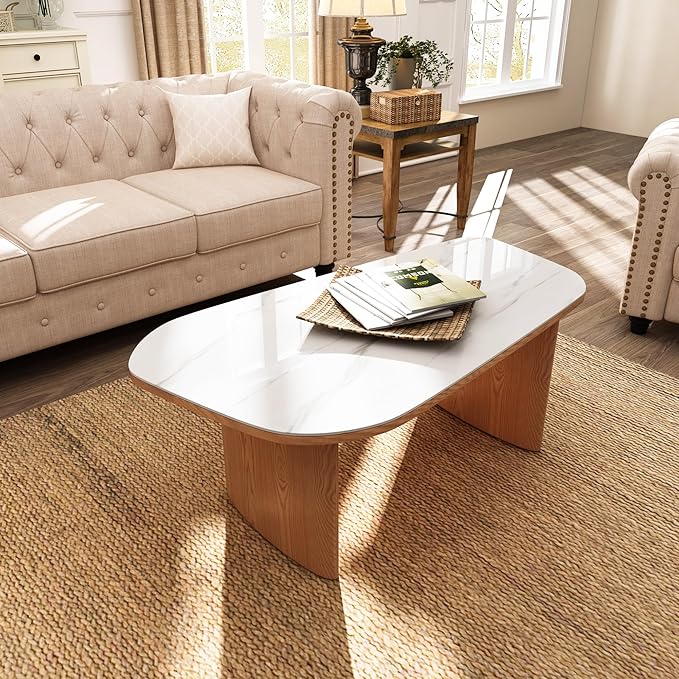 Luxury Marble Coffee Table, Premium Sintered Stone Top, Natural Wood Look Base