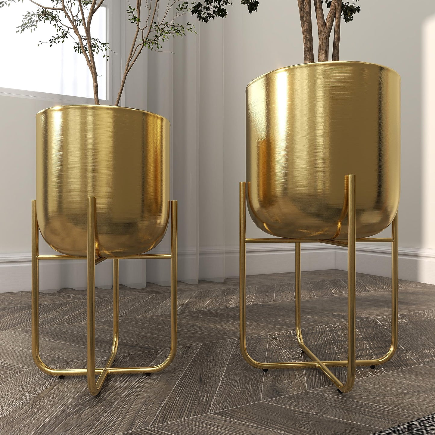 Deco 79 Metal Indoor Outdoor Planter Brushed Dome Large Planter Pot with Curved X-Shaped Bases, Set of 2 Planters 16", 13"H, Gold